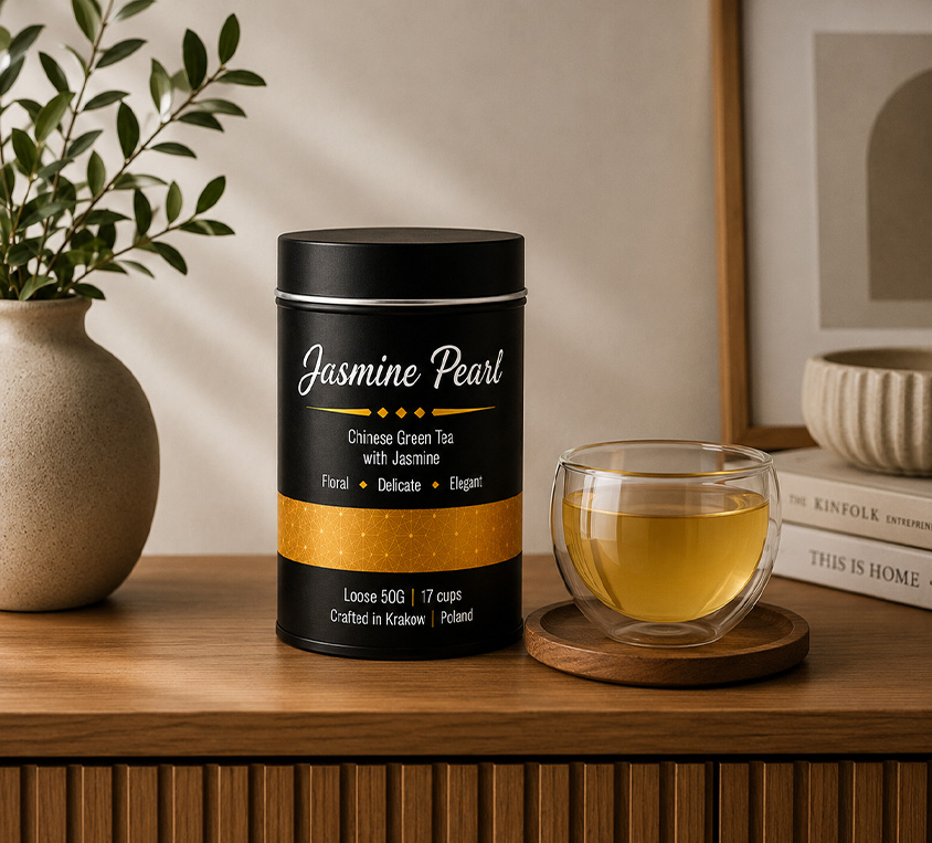 Dragon Pearl Jasmine Leo Tea w obłej puszce o wygladzie klasycznym